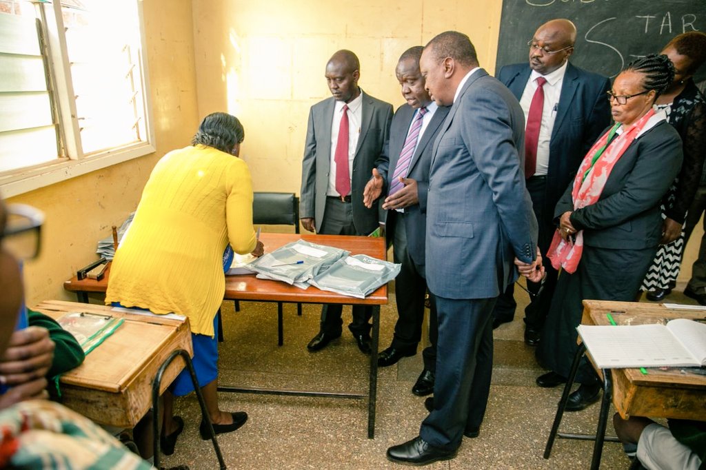 President Uhuru Kenyatta interacts with candidates at Westlands Primary School before they sat for their Science #KCPE2017 Paper.