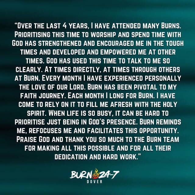 BURN247Dover's tweet photo. Testimony 1/30 – in honour of all that Jesus has done in Dover over the last 4 years!
#BURN4years #BURNdover https://t.co/dLUq28O6R3