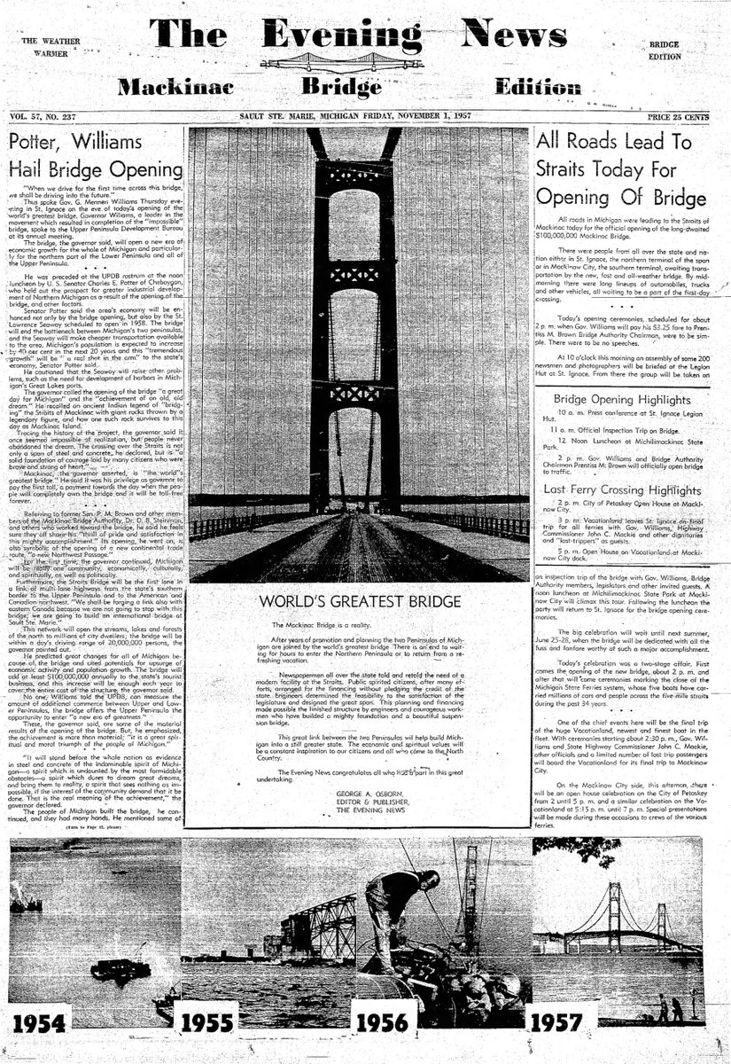 MichiganHist's tweet photo. The Mackinac Bridge opened 11/1/1957
The Sault Ste Marie printed a special issue for the occasion https://t.co/aiNWyUPgdB