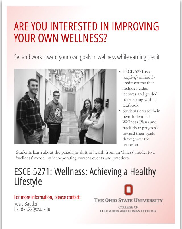 SMARTLabOSU's tweet image. Take advantage of an amazing opportunity to improve your wellness by enrolling in ESCE 5271 this spring!
