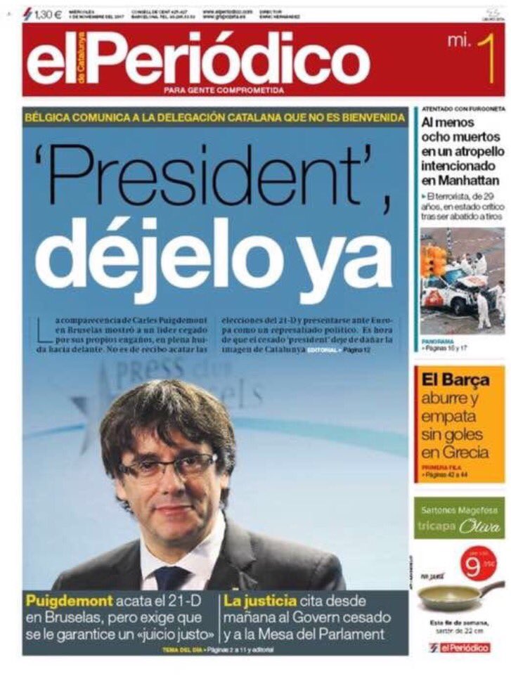 Demoledora portada de El Periódico de Cataluña. Los separatistas han perdido el partido. Y todos les piden que dejen ya de hacer el ridículo