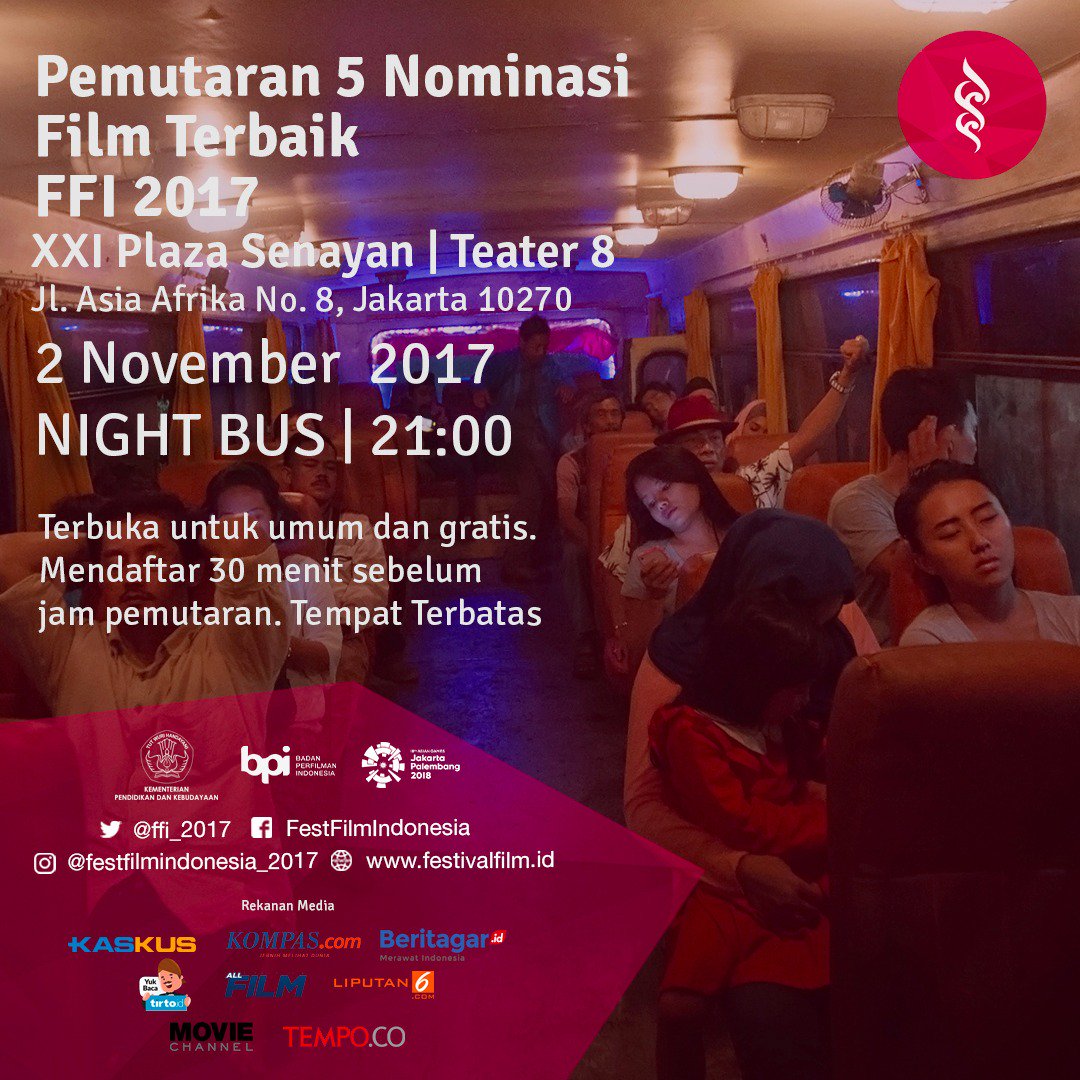 Peraih 12 nominasi FFI 2017: Night Bus akan tayang besok! Siapa yang akan nonton bareng bersama kami?

#FFI2017 #PerfilmanIndonesia
