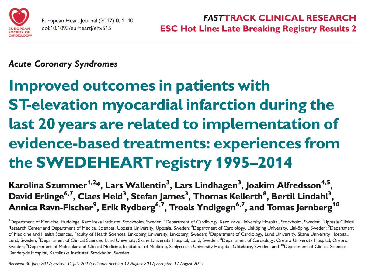 ESC_Journals's tweet image. #STEMI treatment changes and impact on #outcomes over the last 20 years: data from the #SWEDEHEART registry bit.ly/2xbe3Z4
