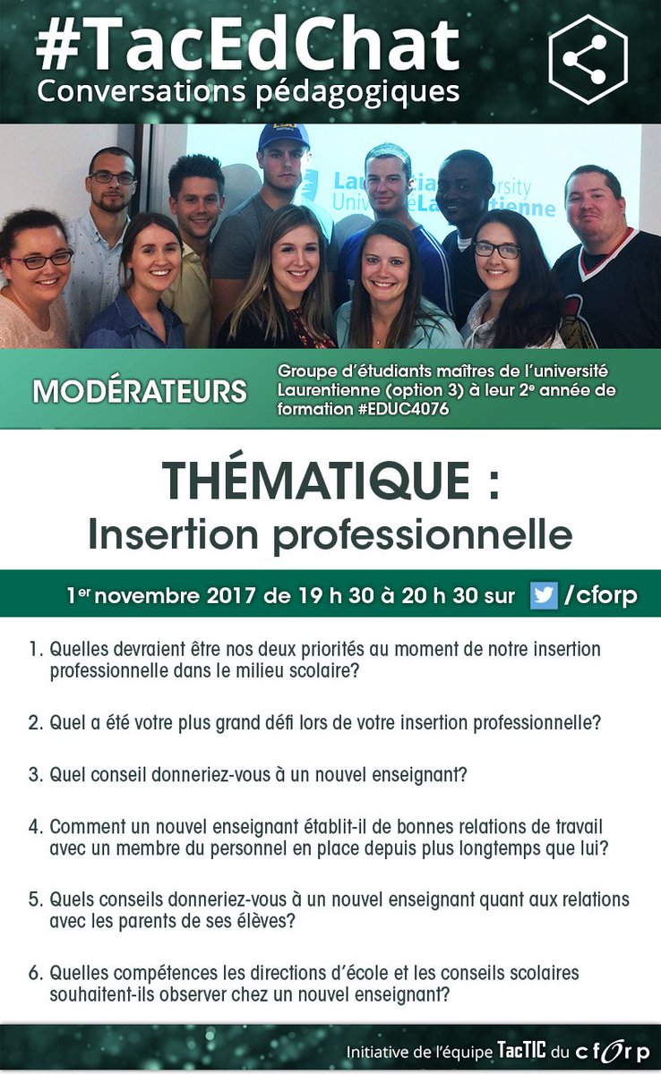 jprofleadership's tweet photo. Ne manquez pas le prochain #TacEdChat CE SOIR avec les étudiants de la faculté d'édu. de @ULaurentienne. #cscfn #cspne #cscno #cspgno #csdcab #cscdgr #cecce #cepeo #onfr #leadped #cforp #csdceo21 #csviamond #csdccs #csmonavenir #OnChangeEdu #cforptactic #feep #eduqc #EduProf https://t.co/JD3g14DSQo