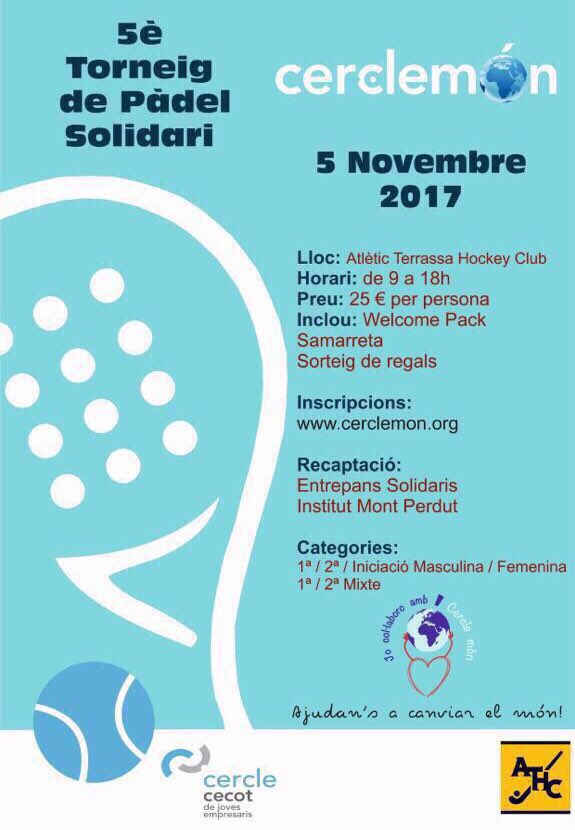 ⚠️ Toma Nota 📝
El próximo domingo 5è Torneig de #Pádel Solidari <a href="/cerclemon/">Cerclemón</a> en el <a href="/AtleticTerrassa/">Atlètic Terrassa Hockey Club</a> 
Inscríbete y colabora por una buena causa