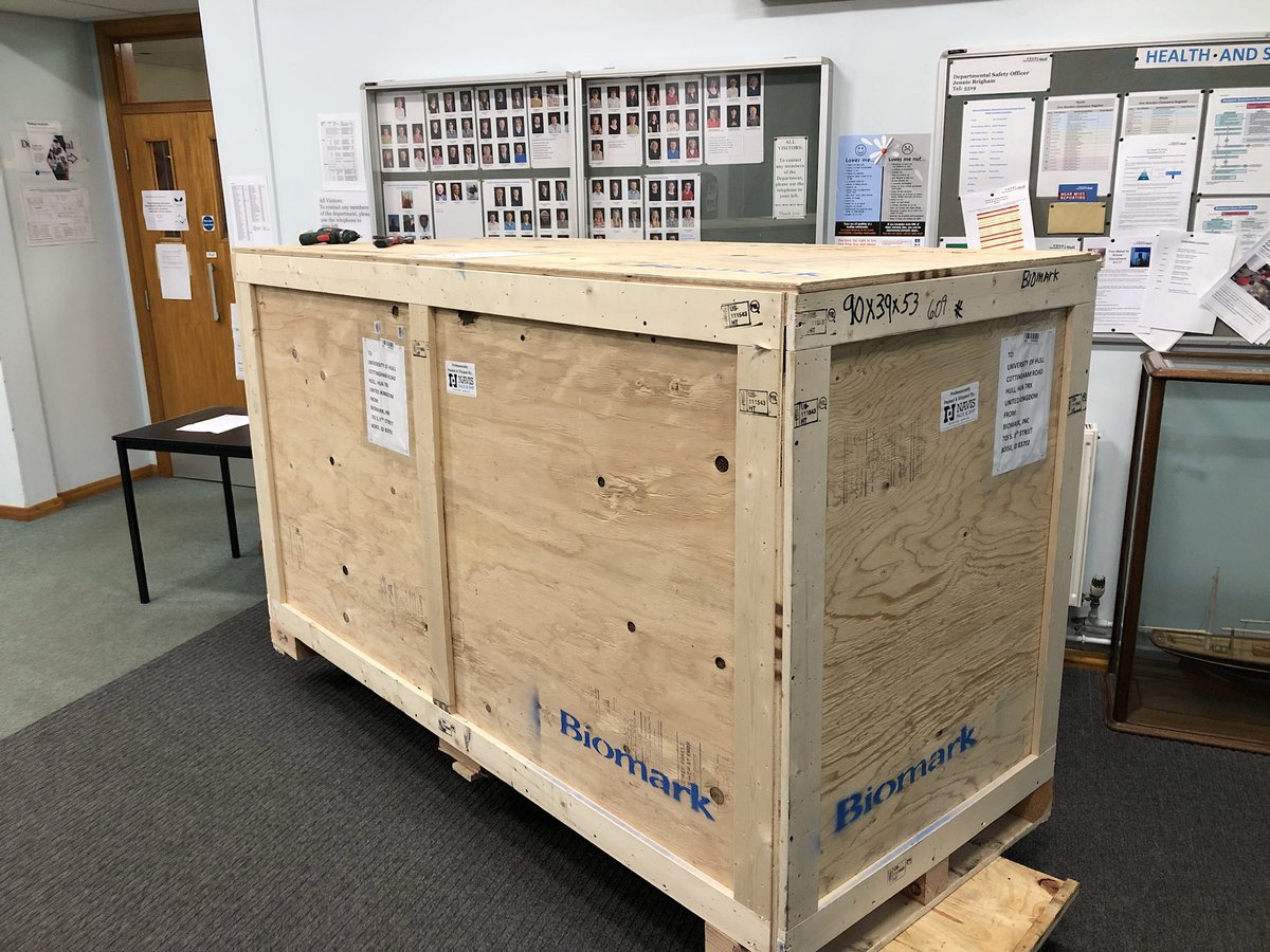IslanderDodd's tweet image. Having to unpack equipment in the department lobby today as the delivery crate won’t fit through the doors to get to the lab. #fishtelemetry