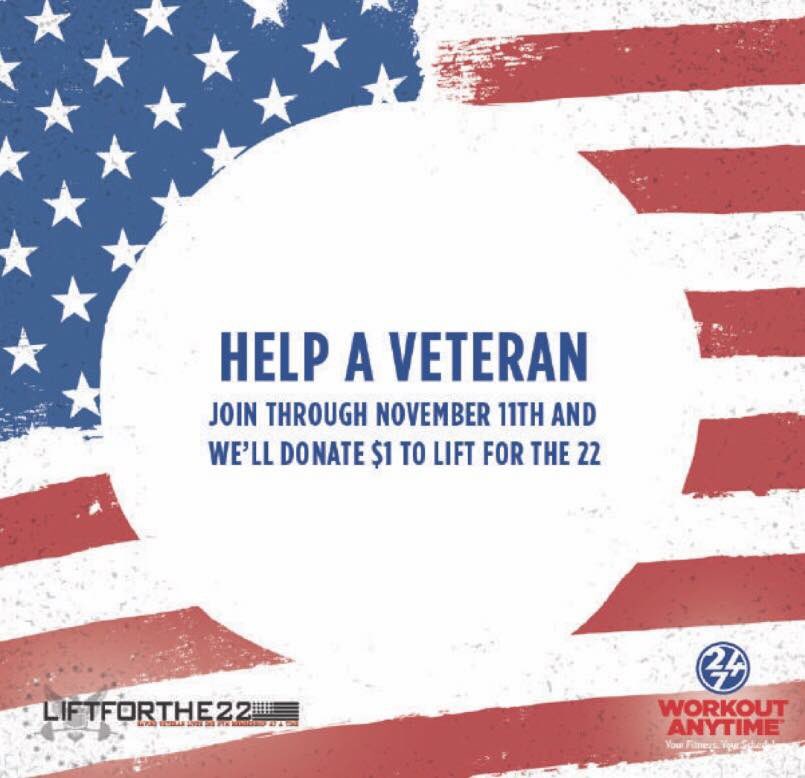 LiftForThe22's tweet photo. @WorkoutAnytime is supporting our fight against veteran suicide! Please consider joining their clubs today! #Liftforthe22 https://t.co/smlxY5FPIV