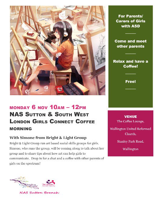 NasSutton's tweet photo. Our next coffee morning with SW London Girls Connect coming up on Monday 6 November, 10am #Autism #GirlswithASD https://t.co/YIMVaUOs6E