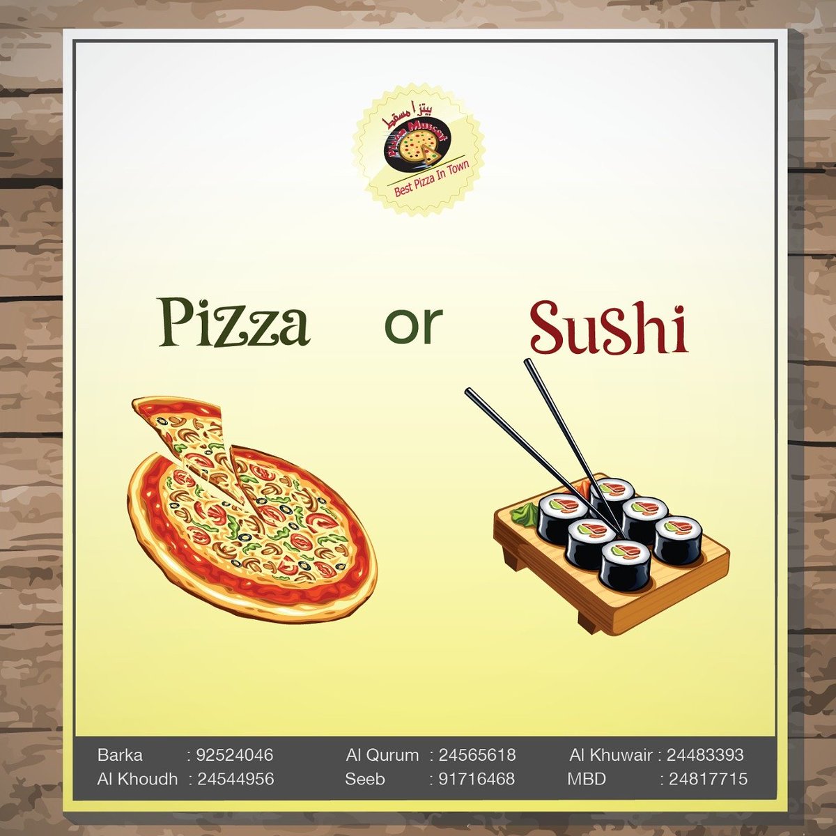 pizzamuscat's tweet photo. #pizza_muscat 
#share with us what u like more ? pozza or sushi! 🙄
#بيتزا_مسقط
#شاركنا رايك ايش تحب ا��ثر؟! السوشي ولا البيتزا ؟ https://t.co/DADLiuSula