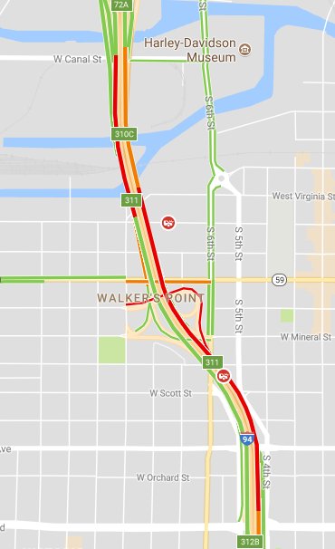 511WI's tweet photo. #MilwaukeeCo I-43/94 NB is closed at National Ave due to a traffic incident. Traffic is advised to use an alternate route.#Call511 https://t.co/UZ4szMLEqT