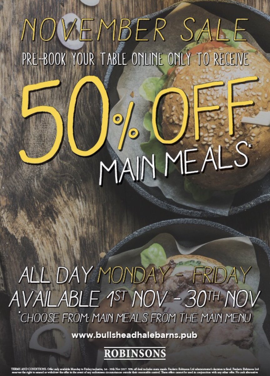 bullsheadhb's tweet photo. We’re kick starting the month of November with a massive 50% OFF MAIN MEALS when booking online. Book your table now https://t.co/sBStmAx9OQ @sugarvine #dineforless #HaleBarns #Cheshire https://t.co/WzrrcI3MQc