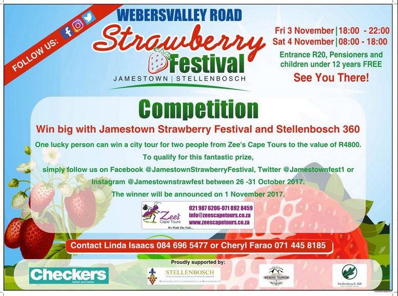 stelleninfo's tweet photo. The Jamestown Strawberry Festival will be held on 3 &amp; 4 November 2017 at  Webersvalley Road at R20.00 p/p. Contact Linda on 084 696 5477. https://t.co/ReqNaOAUNy