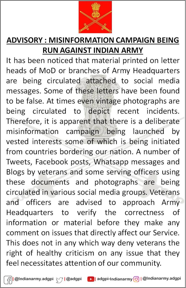 adgpi's tweet photo. ADVISORY : MISINFORMATION CAMPAIGN BEING RUN AGAINST #INDIANARMY https://t.co/Hn1ITDlCq5