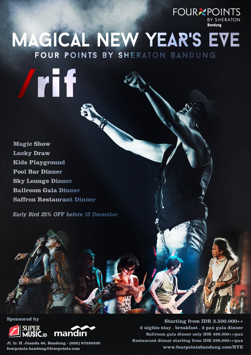 LET'S /RIF AT FOUR POINTS BANDUNG!
Save 25% OFF for Early Bird of dining reservation before 10 December!

Info: fourpointsbandung.com/NYE