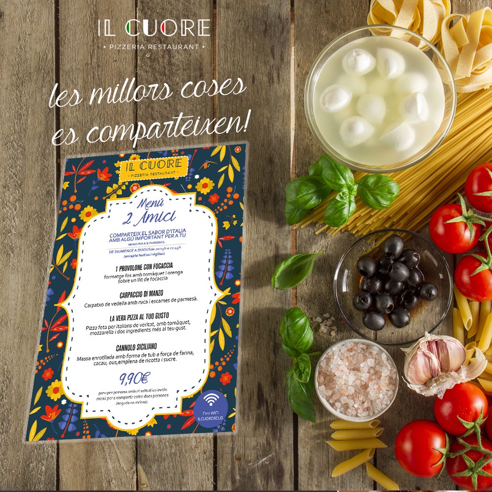 ILCUOREREUS's tweet photo. Comparteix amb qui tu vulguis el veritable sabor d'Itàlia.😍

*Menú per a dues persones :) #IlCuore

→ https://t.co/Cgjqq53vls https://t.co/6FrvvHtUeh