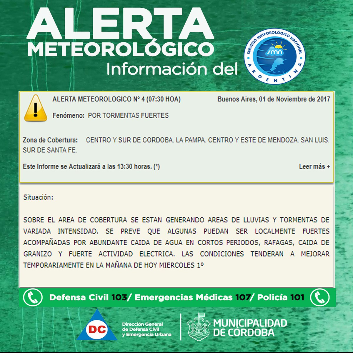 DC_MuniCba's tweet photo. 🚨🚨🚨¿Sabías que continúa en vigencia un alerta meteorológico por tormentas fuertes? Lo informó @SMN_Argentina.🚨🚨🚨 https://t.co/4AL8reg9sr