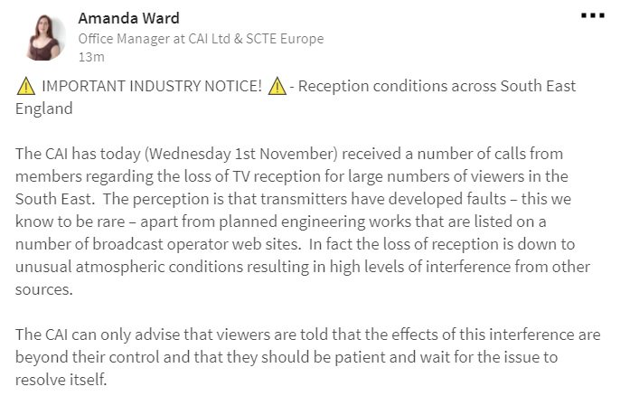 Alltrade_Ltd's tweet image. ⚠️IMPORTANT UPDATE⚠️#tvreception issues across the #southeast England. Information supplied from @CAILtd