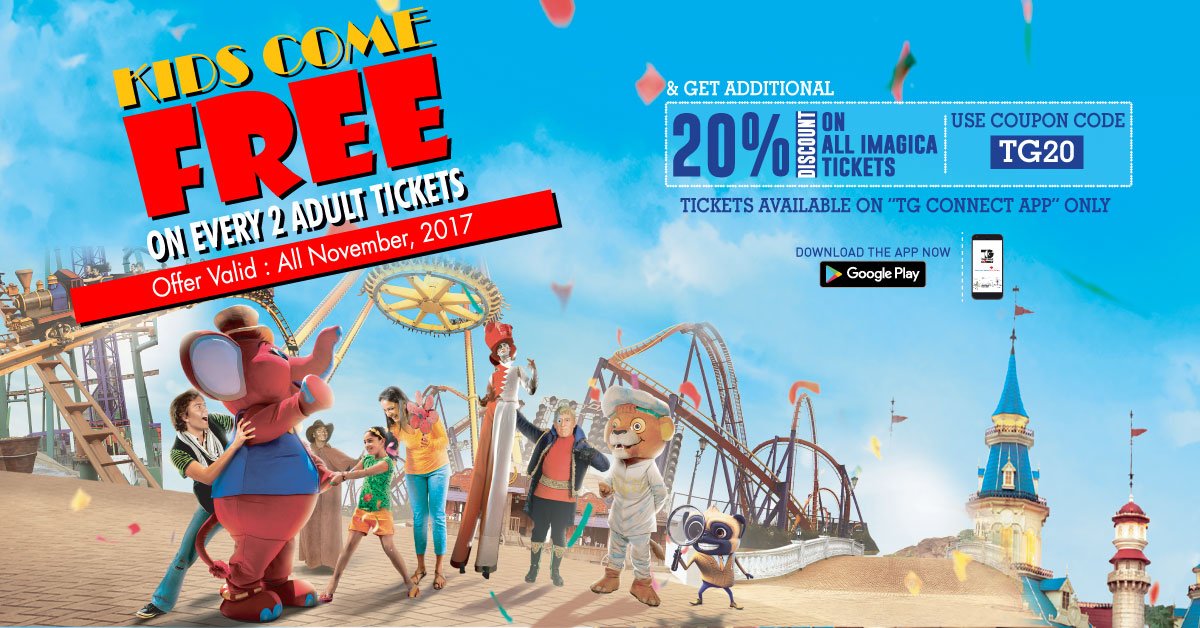 tg_connect's tweet photo. TG CONNECT APP offers you a discount on imagica tickets! Kids come free on every 2 adult tickets. https://t.co/LdmXqqJQV0 #WednesdayWisdom https://t.co/A7E5BGAfnQ