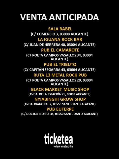 Puntos de venta anticipada para HAMLET y HALO METAL BAND en Alicante (12€).
18 NOVIEMBRE 
SALA BABEL
Apertura de puertas 21:00
