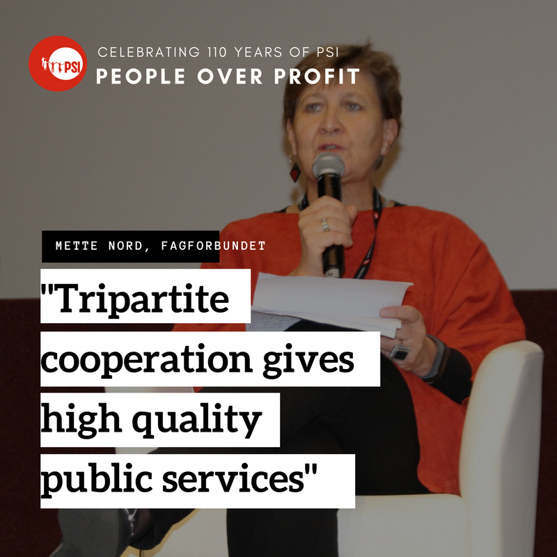 PSIglobalunion's tweet photo. -Tripartite cooperation gives high quality public services, said Mette Nord from @fagforbundet at the #PSICongress #PeopleoverProfit https://t.co/U8XevmsAuS
