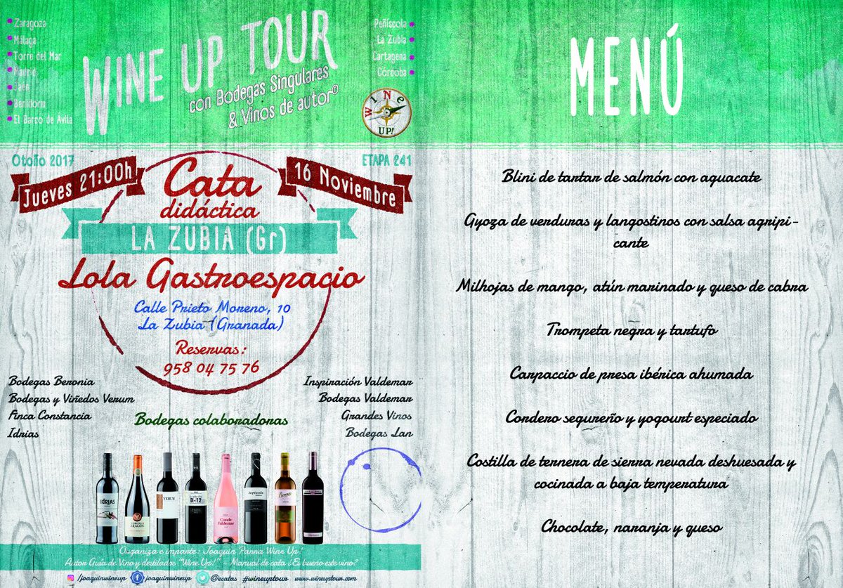 lolagastro's tweet photo. La Zubia#WINE UP TOUR#Cata didáctica#Maridaje.Sumiller Joaquin Parra#8 vinos muy especiales. Plazas Limitadas. Jueves 16. RESERVAS 686638747 https://t.co/gBiOrifj9D