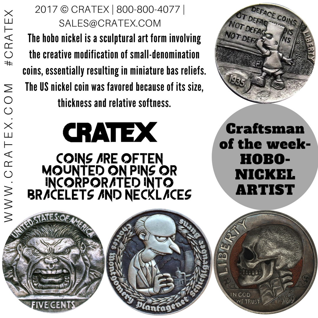 CratexSanDiego's tweet photo. CRAFTSMAN OF THE WEEK- HOBO-NICKEL ARTIST! 👌 Tag an awesome #HoboNickel you know! 
#cratex #cratextools #coins #hobonickelartist #metalart https://t.co/1oXKFSd98j