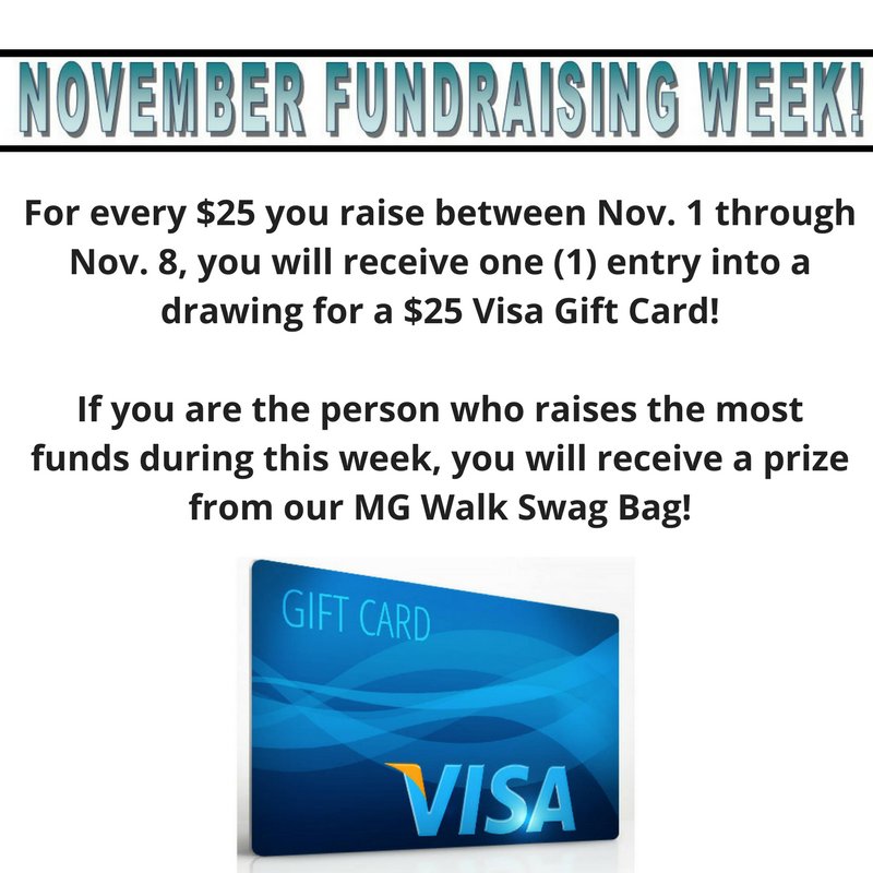 Get ready for our next Fundraising Week! Put the FUN in fundraising as we are only a few weeks away from our final MG Walks of the Fall!