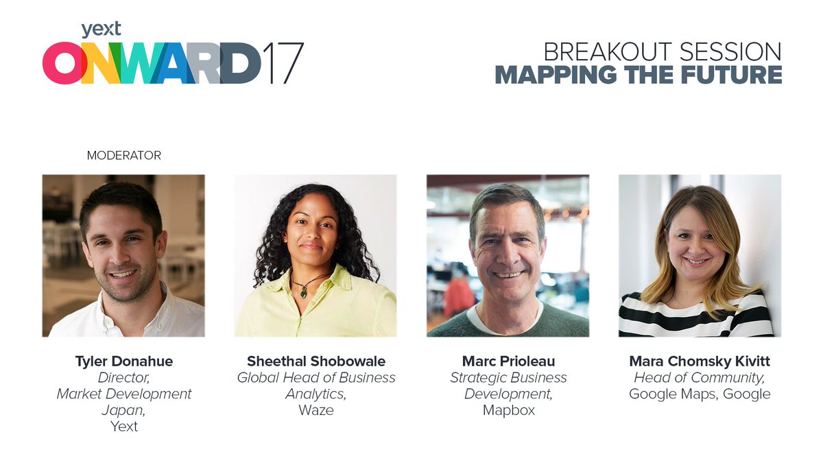 yext's tweet photo. Mapping experts @mprioleau @wazeads' Sheethal Shobowale &amp; @chomskymkc will discuss how they use new technologies to map the world. #ONWARD17 https://t.co/pMJceLesfT