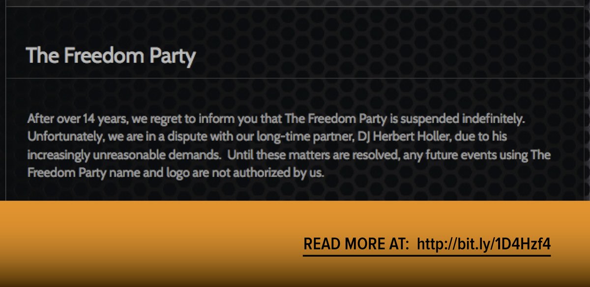 DJ Cosi (@djcosi) on Twitter photo After 14 yrs, <a href="/freedompartynyc/">Herbert Holler's Freedom Party®</a> is indefinitely suspended. Click for more info:
bit.ly/1D4Hzf4 After 14 yrs, <a href="/freedompartynyc/">Herbert Holler's Freedom Party®</a> is indefinitely suspended. Click for more info:
bit.ly/1D4Hzf4