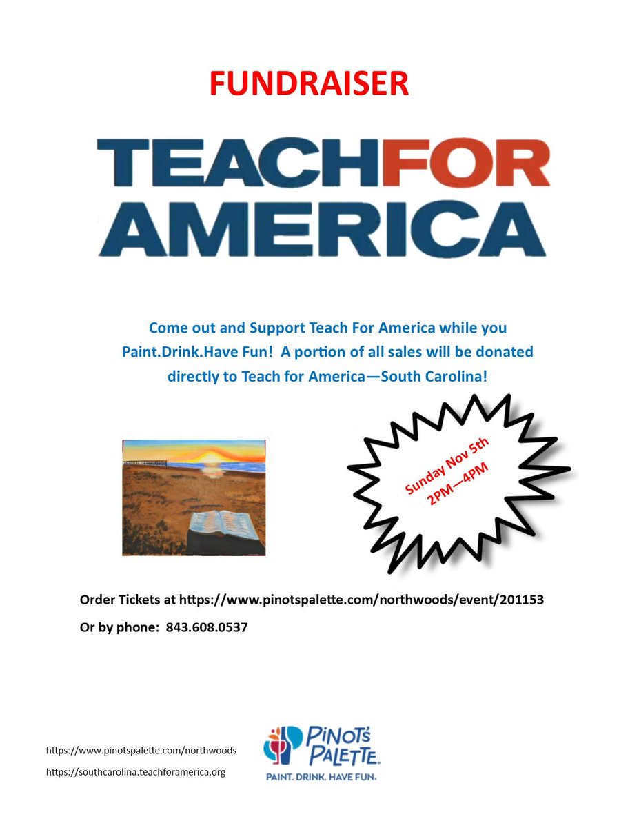 PinotNorthwoods's tweet photo. Come and support Teach For America Sunday November 5th.  A portion of all sales will go to @TFA_SC .  Paint.Drink.Have Fun all while supporting a wonderful cause!  #chsevents #fundraiser #chs #lowcountry #wine #painting #teachforamerica #supportouryouth https://t.co/lfx58uH6qA