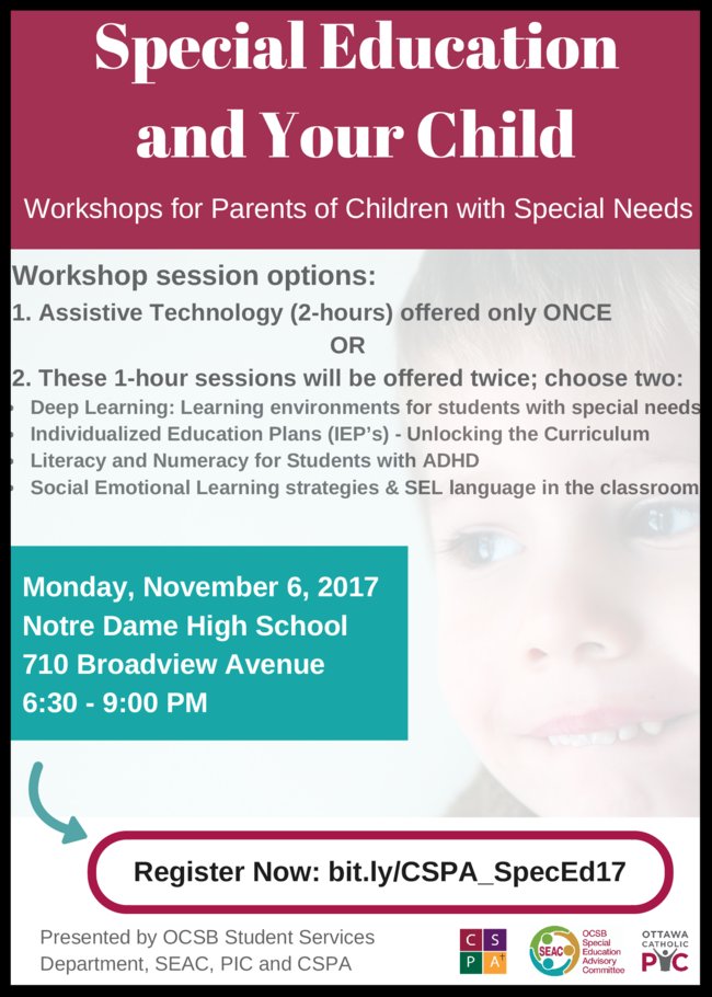 Special Education and Your Child, Nov 6th Great workshops for parents! conta.cc/2za3ZmX