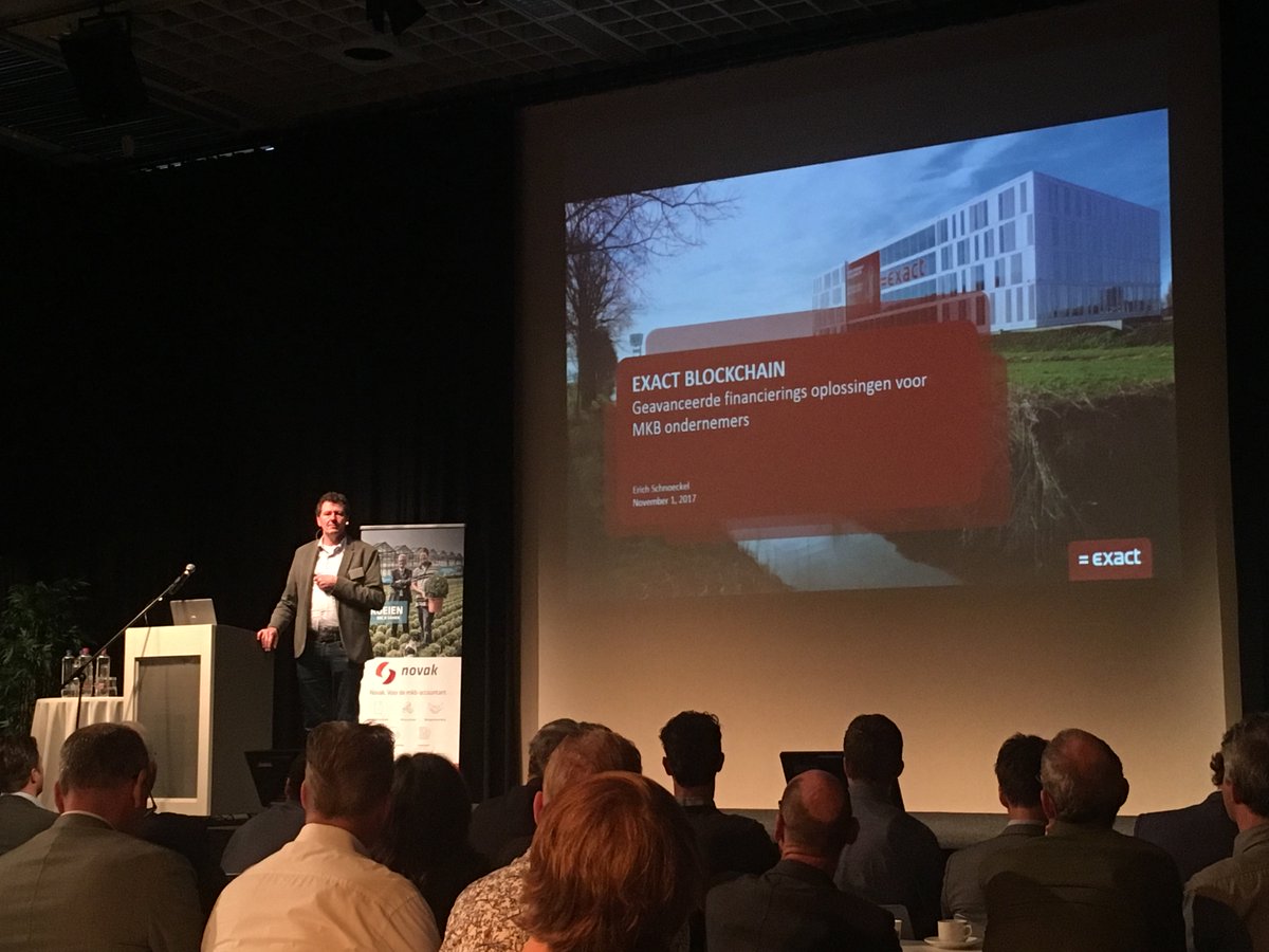 Exact_NL's tweet photo. @ESchnoeckel tijdens het jaarcongres van #GBNED waar hij ruim 240 accountants toelicht over wat Exact doet met #blockchain. https://t.co/rwXZNgheQX