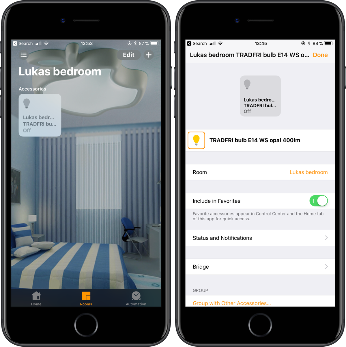 czechman45's tweet photo. Byl to větší proces než bych čekal, ale nakonec se napojení IKEA žárovek na Homekit zadařilo. Hurá. 😅 https://t.co/YlCEhwZ7VN