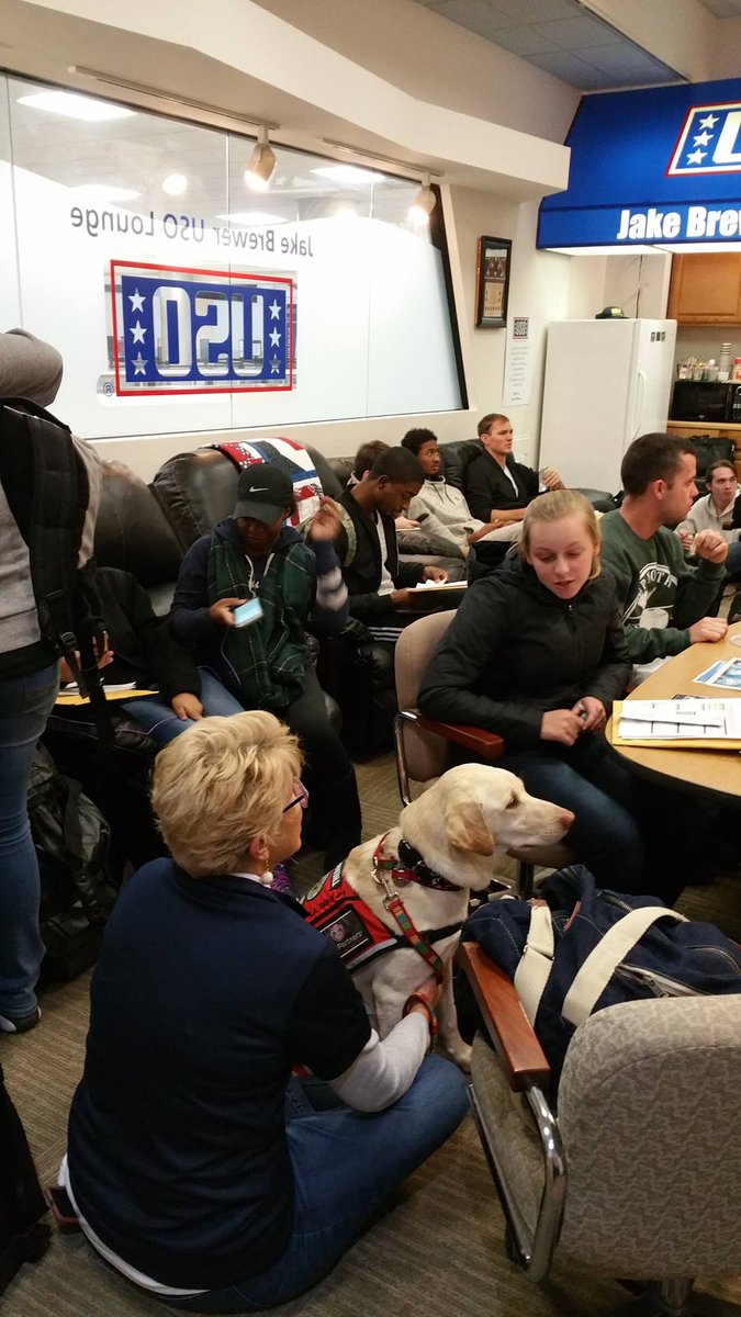 SherryEms's tweet photo. Happy to have two new volunteers-Jane and her Therapy Dog, Maddie! Helping relieve some stress as shippers go off to Basic Training. https://t.co/kPASV7zo5e