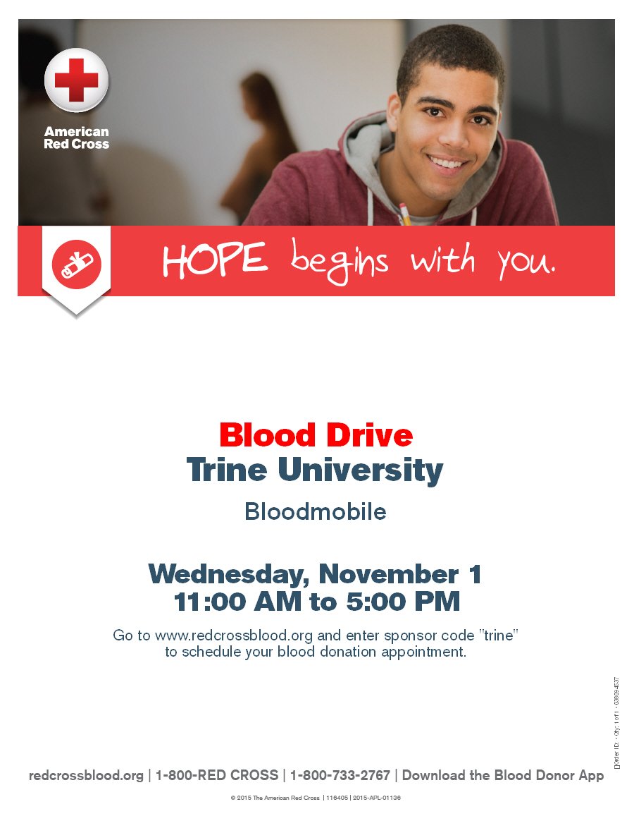 Blood drive today outside the football locker room from 11 pm to 5! <a href="/TrineUniversity/">Trine University</a>