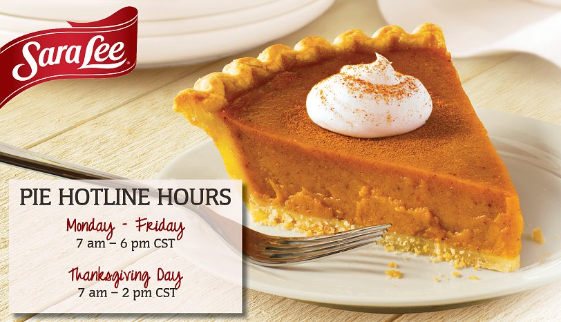 The Sara Lee Pie Hotline has returned to make sure your Thanksgiving dessert is perfect. Give our experts a call at 1-888-914-1247.