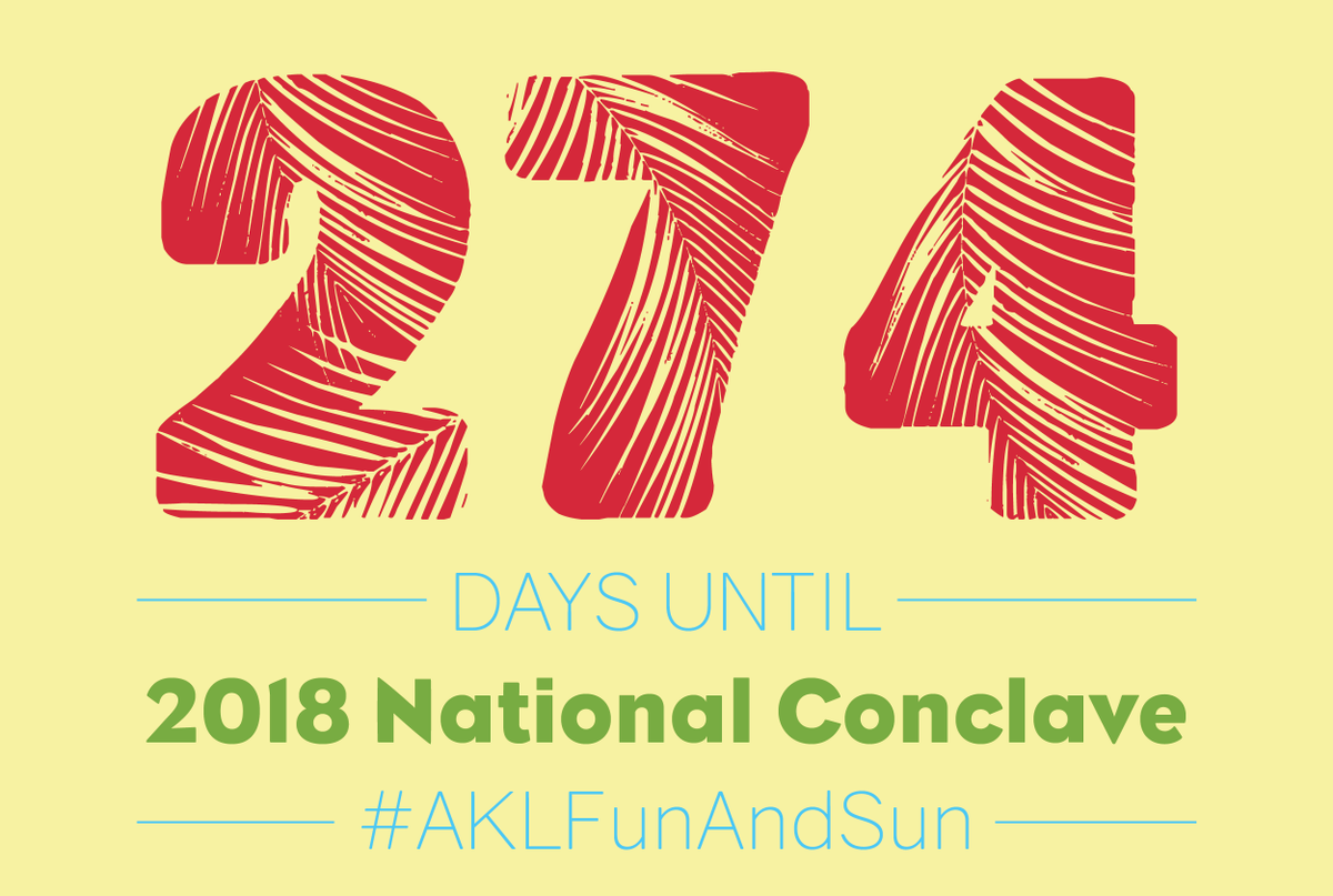 AKLFraternity's tweet photo. 274 days until 2018 AKL National Conclave starting August 2, mark your calendar! More details soon at https://t.co/aquKfFsqrF #AKLFunAndSun https://t.co/S3HBb0sCjX