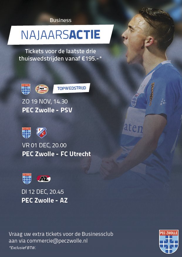 ManoukReimert's tweet photo. Najaarsactie! Bent u erbij? De laatste drie thuiswedstrijden tegen een gereduceerd tarief met onder andere de topper tegen PSV! #PECZwolle https://t.co/dWpOAo5Pjt