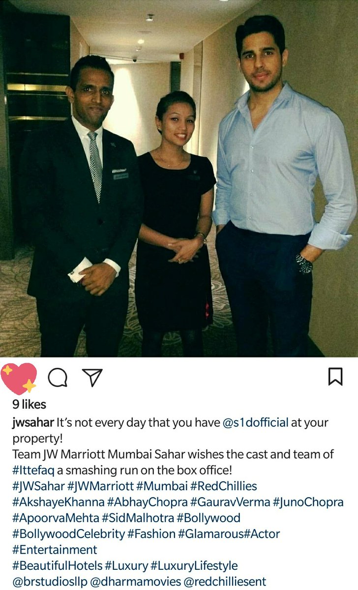 SidUpdates's tweet image. Team JW Marriott, Sahar&apos;s wishes for @S1dharthM and the crew of #Ittefaq 
#IttefaqThisFriday