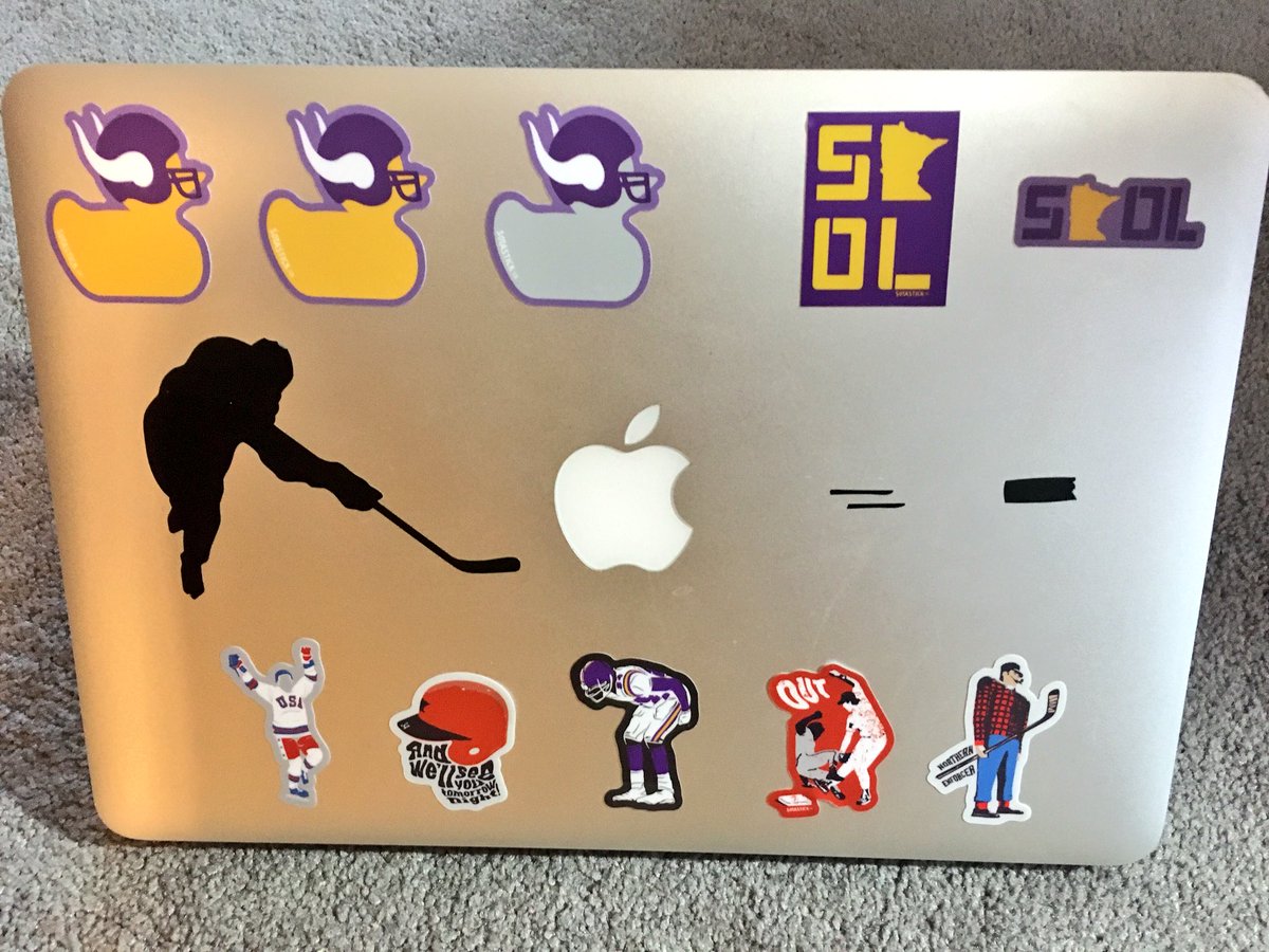 derekolson84's tweet photo. My 💻 is now a walking billboard for all things #Minnesota! @SotaStickCo #skol #duckduckgoose #moss #hrbek #puckett #hockey #paulbunyan https://t.co/8MMEBYTRBe