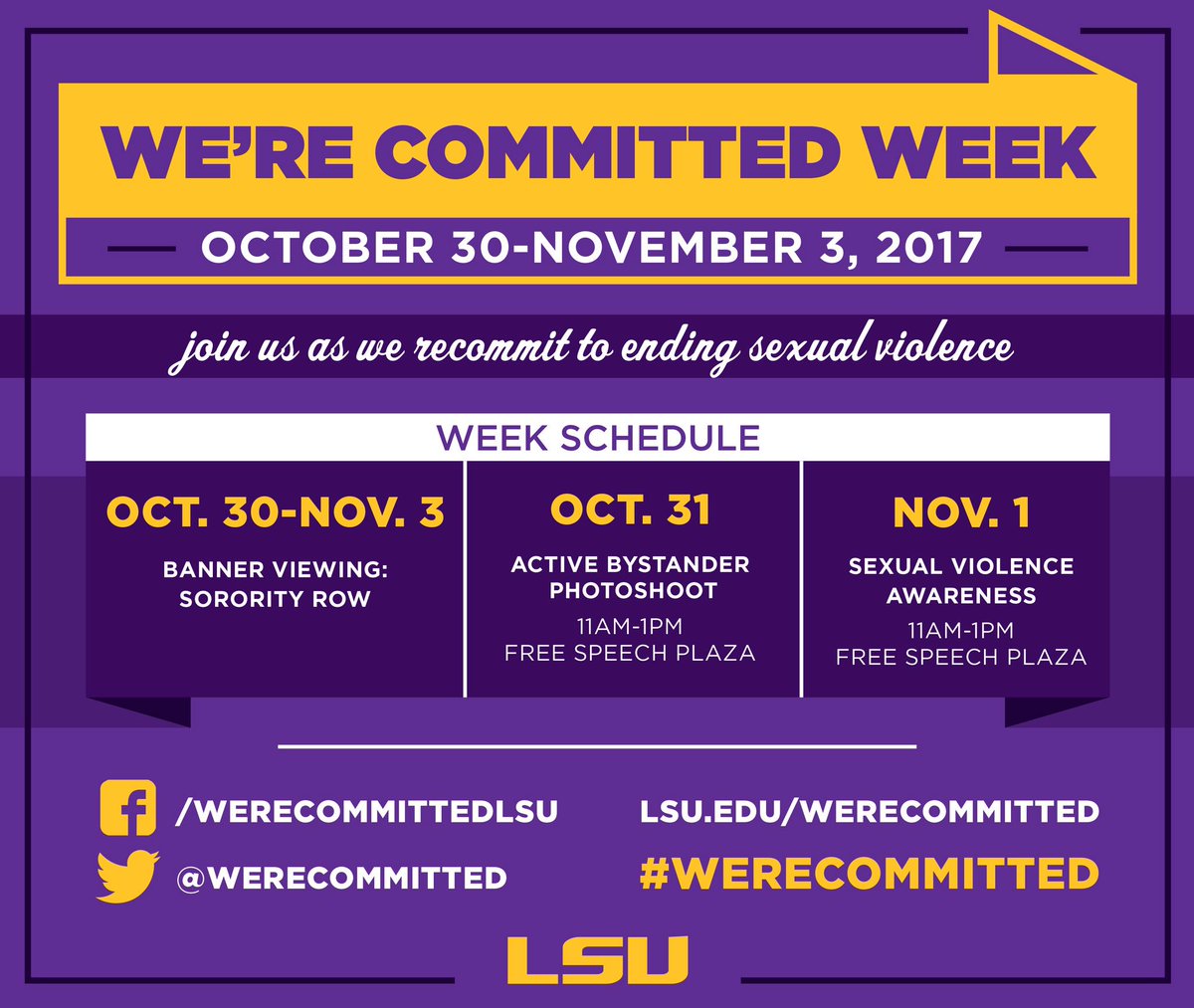 LSUHealthCenter's tweet photo. Come out to Free Speech today from 11am-1pm as we raise awareness about sexual violence & get a chance to play some jeopardy! #werecommitted https://t.co/qCWlKMZBWz
