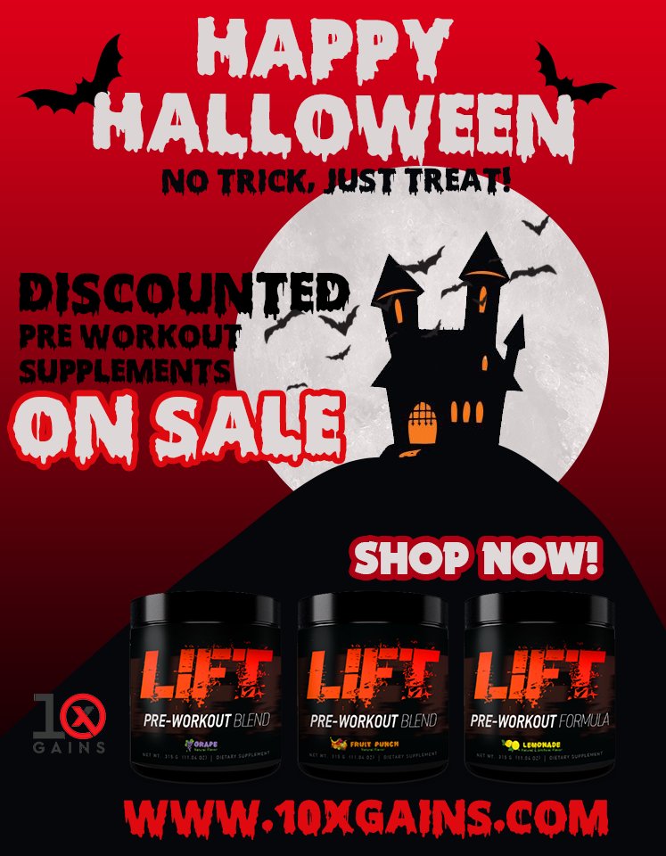 10xGains's tweet photo. Shop for your favorite workout supplements and blends. Now discounted this Halloween. 🦇🎃🍭
Browse for more at https://t.co/V9hcG263WG https://t.co/oDzf5JH4uO