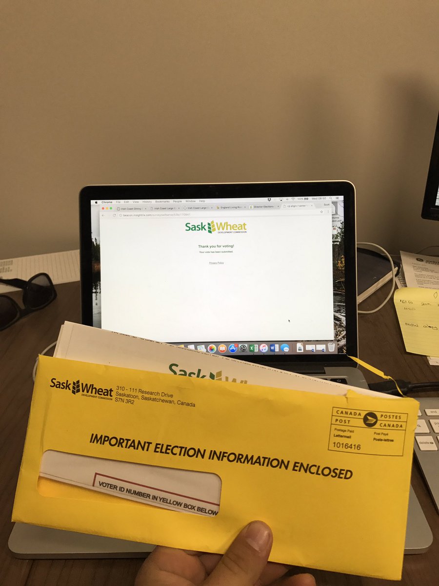 Took time to vote to support two incredible farmers who have a great vision of where SaskWheat needs to go.  @LegueeFarms <a href="/growharder/">Trevor Scherman</a>