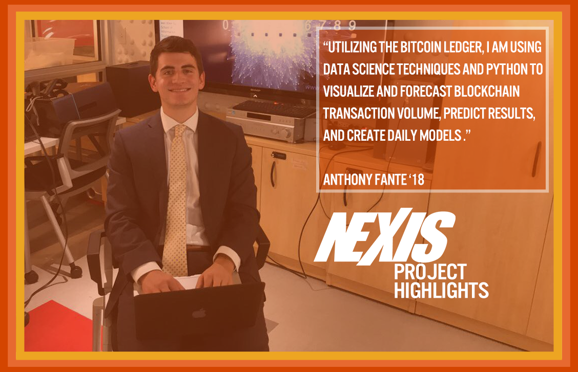 NEXIS_SU's tweet photo. Senior @anthonyfante is using #DataScience &amp; #Python to visualize the #Bitcoin @blockchain ledger highlighting growth &amp; predicting volume https://t.co/HbAICrPv87