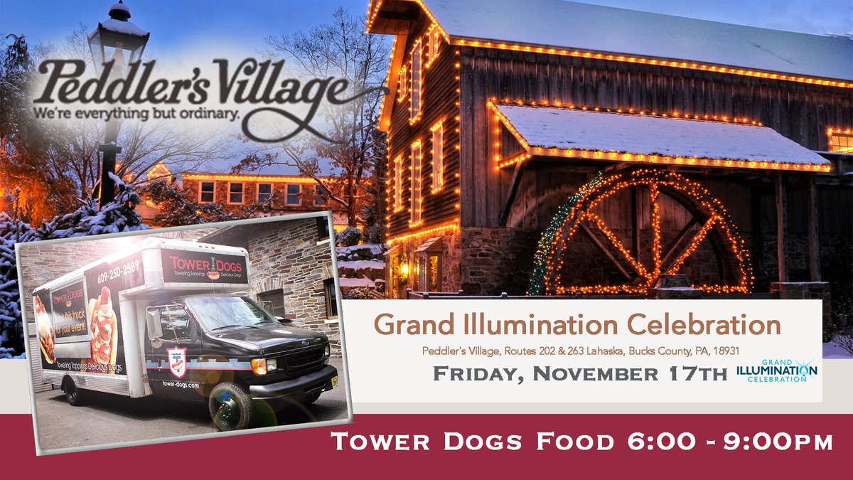 Tower_Dogs's tweet photo. Come out to Peddlers Village for the Grand Illumination Celebration on 11/17. Our food truck will be there serving food from 6-9pm! #hotdogs https://t.co/PsWkkB7Kfl