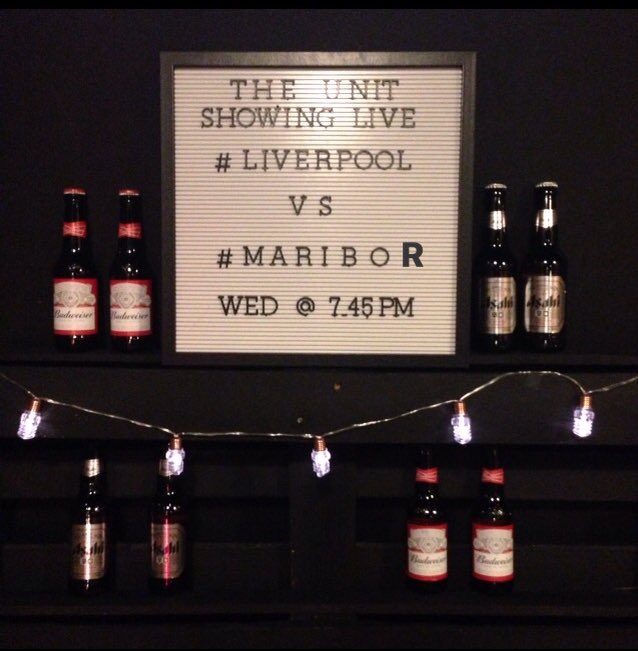 Unit_Liverpool's tweet photo. Catch the #LFC vs #Maribor game tonight, kick off 7:45! &amp; enjoy 2x #Budweiser or #asahi for £5 #liverpool #liverpoolfc #matchday ⚽️⚽️⚽️ https://t.co/Vwdc1bhwiI