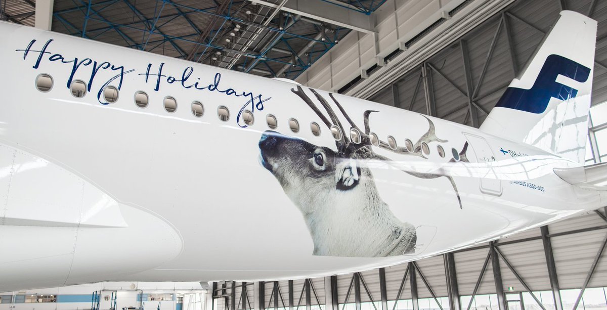 Finnair's tweet image. This year we're taking Santa's reindeer to tour the world. The 1st #A350Finnair with our holiday look will be flying today #livery #avgeek
