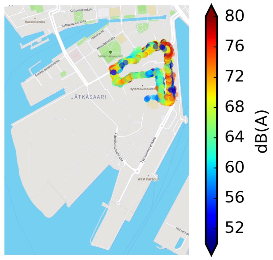 Ambiciti's tweet image. Noise levels have just been collected by at least 16 phones in Jätkäsaari with @ForumVirium, Helsinki, using Ambiciti mobile application. #noise #crowdsensing