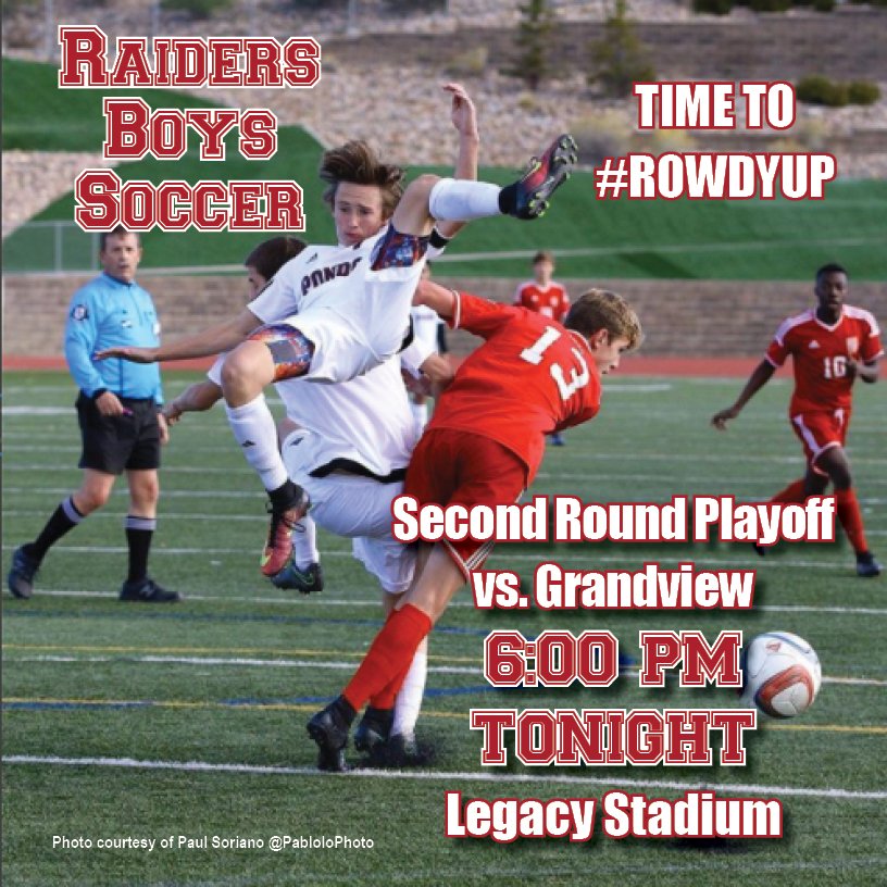 TONIGHT!  Come cheer on <a href="/RJHSBDSoccer/">RJHS Boys Soccer</a> in the second round of the playoffs as they take one Grandview. #RowdyUp and #GoRaiders
