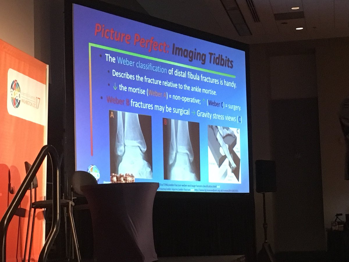EMROrep's tweet photo. Use the Weber classification for distal fibula fractures. A - medical, B/C - surgical. #ACEP17 @MetroHealth_EM https://t.co/reBJSTzN6O